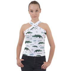 Vector Seamless Pattern With Cute Crocodiles Cross Neck Velour Top by Vaneshart