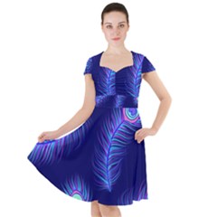 Seamless Pattern With Colorful Peacock Feathers Dark Blue Background Cap Sleeve Midi Dress by Vaneshart