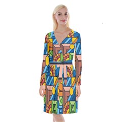 Colorful Geometric Mosaic Background Long Sleeve Velvet Front Wrap Dress by Vaneshart