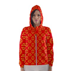 Red Background Yellow Shapes Women s Hooded Windbreaker by Simbadda