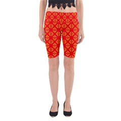 Red Background Yellow Shapes Yoga Cropped Leggings by Simbadda