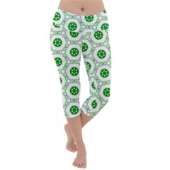 White Background Green Shapes Lightweight Velour Capri Yoga Leggings by Simbadda