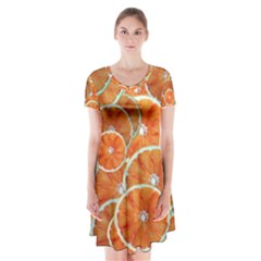 Oranges Background Texture Pattern Short Sleeve V-neck Flare Dress by Simbadda