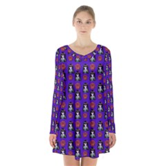 Girl Flower Pattern Royal Blue Long Sleeve Velvet V-neck Dress by snowwhitegirl