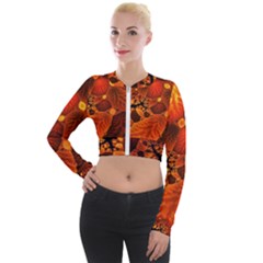 Leaf Autumn Nature Background Long Sleeve Cropped Velvet Jacket by Wegoenart