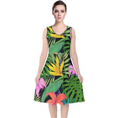 Tropical Greens V-neck Midi Sleeveless Dress  by Sobalvarro