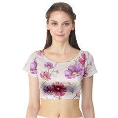 Vector Hand Drawn Cosmos Flower Pattern Short Sleeve Crop Top by Sobalvarro