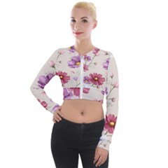 Vector Hand Drawn Cosmos Flower Pattern Long Sleeve Cropped Velvet Jacket by Sobalvarro