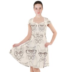 Seamless Pattern Hand Drawn Cats With Hipster Accessories Cap Sleeve Midi Dress by Vaneshart