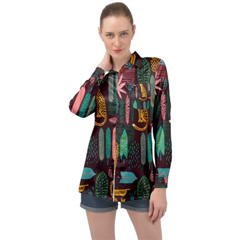 Vector Seamless Pattern With Leopards Long Sleeve Satin Shirt by Vaneshart
