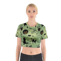 Funny Halloween Pattern With Witch, Cat And Pumpkin Cotton Crop Top by FantasyWorld7