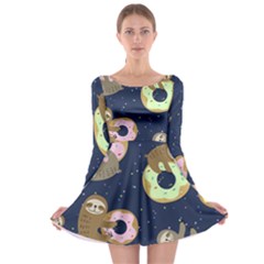 Cute Sloth With Sweet Doughnuts Long Sleeve Skater Dress by Sobalvarro