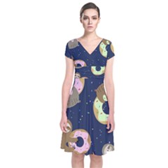 Cute Sloth With Sweet Doughnuts Short Sleeve Front Wrap Dress by Sobalvarro