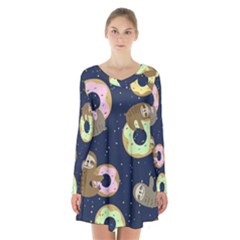 Cute Sloth With Sweet Doughnuts Long Sleeve Velvet V-neck Dress by Sobalvarro