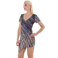 Peacock Feathers Pattern Colorful Short Sleeve Asymmetric Mini Dress by Vaneshart