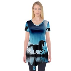 Wonderful Unicorn Silhouette In The Night Short Sleeve Tunic  by FantasyWorld7