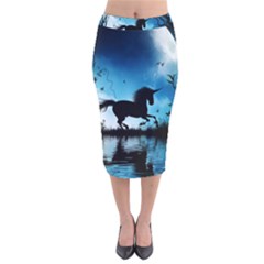 Wonderful Unicorn Silhouette In The Night Velvet Midi Pencil Skirt by FantasyWorld7