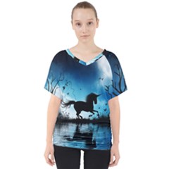Wonderful Unicorn Silhouette In The Night V-neck Dolman Drape Top by FantasyWorld7