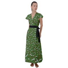 Pepe The Frog Face Pattern Green Kekistan Meme Flutter Sleeve Maxi Dress by snek