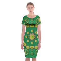 Fauna Bloom Mandalas On Bohemian Green Leaves Classic Short Sleeve Midi Dress by pepitasart