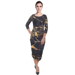 Black Marble Texture With Gold Veins Floor Background Print Luxuous Real Marble Quarter Sleeve Midi Velour Bodycon Dress by genx