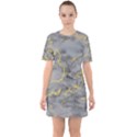 Marble neon retro light gray with gold yellow veins texture floor background retro neon 80s style neon colors print luxuous real marble Sixties Short Sleeve Mini Dress View1