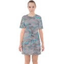 Marble light gray with bright cyan blue veins texture floor background retro neon 80s style neon colors print luxuous real marble Sixties Short Sleeve Mini Dress View1