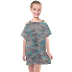 Marble Light Gray With Bright Cyan Blue Veins Texture Floor Background Retro Neon 80s Style Neon Colors Print Luxuous Real Marble Kids  One Piece Chiffon Dress by genx