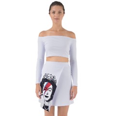 Banksy Graffiti Uk England God Save The Queen Elisabeth With David Bowie Rockband Face Makeup Ziggy Stardust Off Shoulder Top With Skirt Set by snek