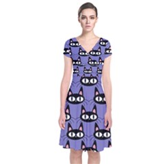 Cute Black Cat Pattern Short Sleeve Front Wrap Dress by Valentinaart