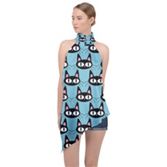 Cute Black Cat Pattern Halter Asymmetric Satin Top by Valentinaart