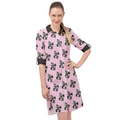 French France Fleur De Lys Metal Pattern Black And White Antique Vintage Pink And Black Rocker Long Sleeve Mini Shirt Dress by Quebec