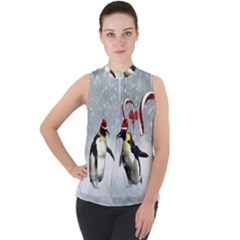 Funny Penguin In A Winter Landscape Mock Neck Chiffon Sleeveless Top by FantasyWorld7