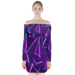 Retrowave Aesthetic Vaporwave Retro Memphis Pattern 80s Design Geometric Shapes Futurist Purple Pink Blue Neon Light Long Sleeve Off Shoulder Dress by genx