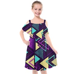 Retrowave Aesthetic Vaporwave Retro Memphis Triangle Pattern 80s Yellow Turquoise Purple Kids  Cut Out Shoulders Chiffon Dress by genx