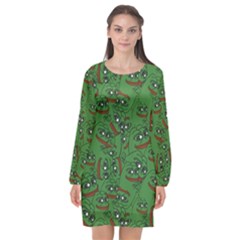 Pepe The Frog Perfect A-ok Handsign Pattern Praise Kek Kekistan Smug Smile Meme Green Background Long Sleeve Chiffon Shift Dress  by snek