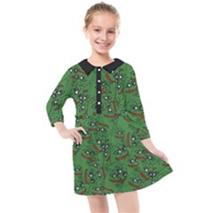 Pepe The Frog Perfect A-ok Handsign Pattern Praise Kek Kekistan Smug Smile Meme Green Background Kids  Quarter Sleeve Shirt Dress by snek