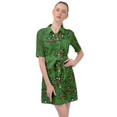 Pepe The Frog Perfect A-ok Handsign Pattern Praise Kek Kekistan Smug Smile Meme Green Background Belted Shirt Dress by snek