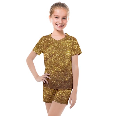 Gold Glitters Metallic Finish Party Texture Background Faux Shine Pattern Kids  Mesh Tee And Shorts Set by genx