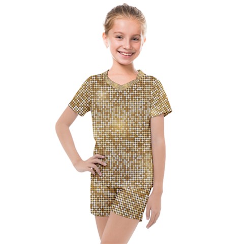 Retro Gold Glitters Golden Disco Ball Optical Illusion Kids  Mesh Tee And Shorts Set by genx