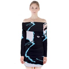 Black Cat & Halloween Skull Long Sleeve Off Shoulder Dress by gothicandhalloweenstore