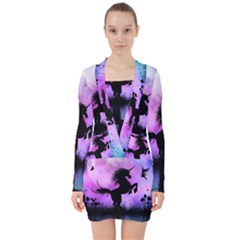 Wonderful Unicorn With Fairy In The Night V-neck Bodycon Long Sleeve Dress by FantasyWorld7