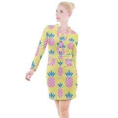 Summer Pineapple Seamless Pattern Button Long Sleeve Dress by Sobalvarro