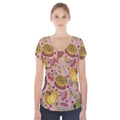 Thanksgiving Pattern Short Sleeve Front Detail Top by Sobalvarro
