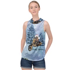 Merry Christmas, Funny Mouse On A Motorcycle With Christmas Hat High Neck Satin Top by FantasyWorld7