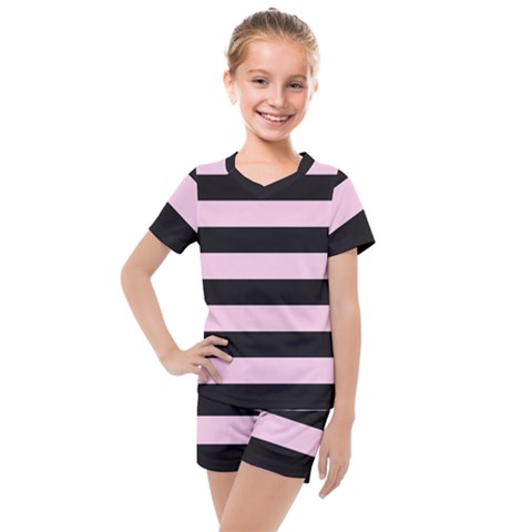 Black And Light Pastel Pink Large Stripes Goth Mime French Style Kids  Mesh Tee And Shorts Set by genx