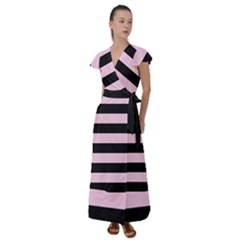 Black And Light Pastel Pink Large Stripes Goth Mime French Style Flutter Sleeve Maxi Dress by genx