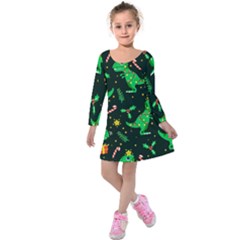 Christmas Funny Pattern Dinosaurs Kids  Long Sleeve Velvet Dress by Vaneshart