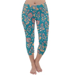 Teal Floral Paisley Capri Winter Leggings  by mccallacoulture