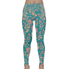 Teal Floral Paisley Lightweight Velour Classic Yoga Leggings by mccallacoulture